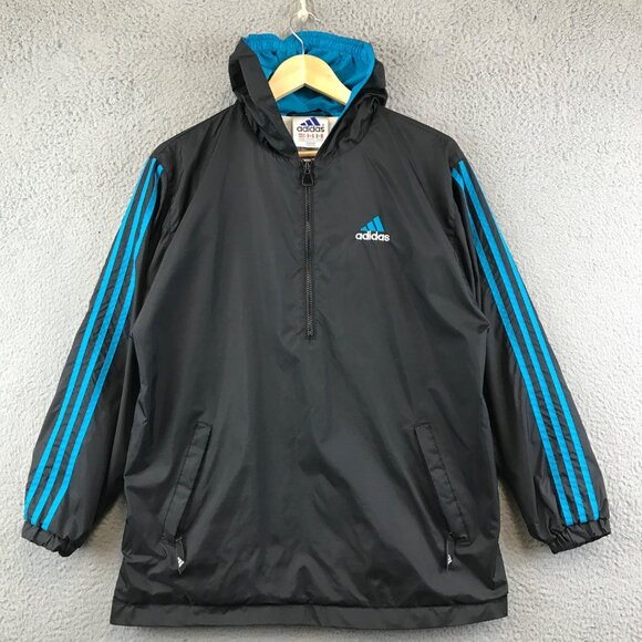 VINTAGE Adidas Jacket Mens size Large Black Blue Windbreaker Hooded jacket - Picture 2 of 10